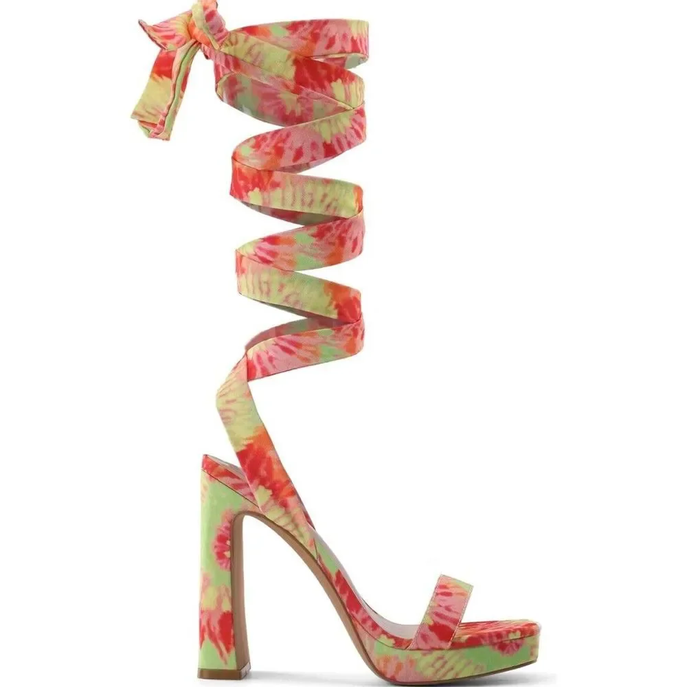 DREAM‎ PAIRS Women Heel Pump Sandals Leg Wrap Up Yellow Green Pink Tie-dye 8.5